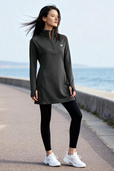 Antrasit Yarım Fermuarlı Dik Yaka Standart Kalıp Kadın Sporcu Tunik - 97309 - TOMMYLIFE (1)