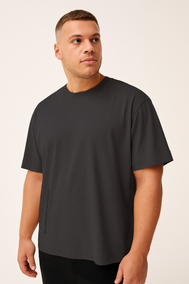 Antrasit Baskılı O Yaka Rahat Form Battal Büyük Beden Erkek T-Shirt - 88472 - 2