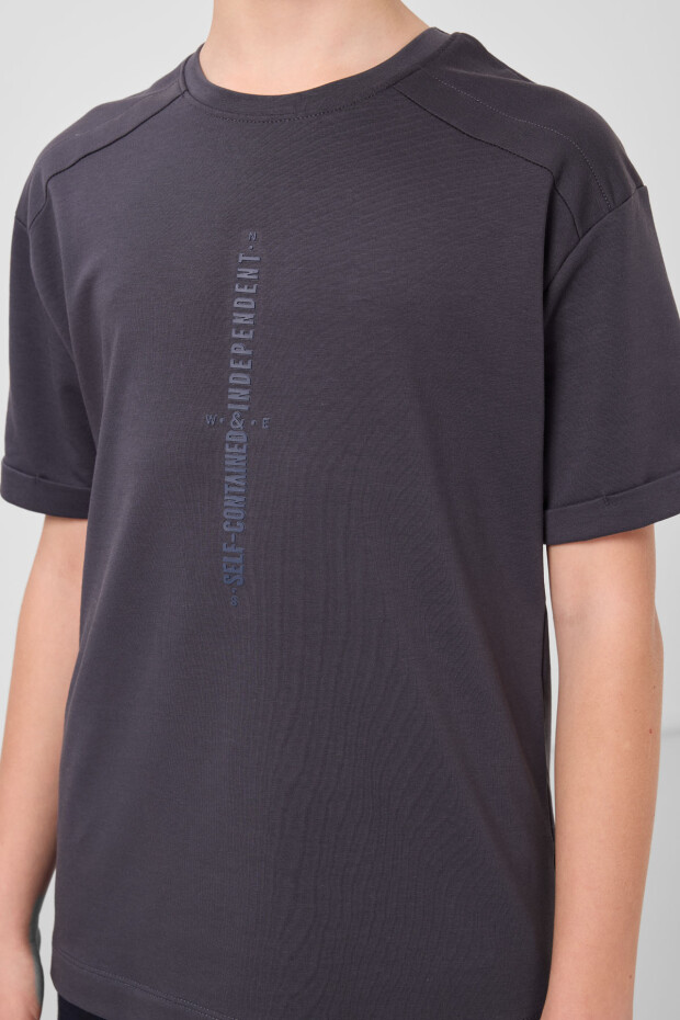 Antrasit Pamuklu Yumuşak Dokulu Oversize Baskılı Erkek Çocuk T-Shirt - 11301 - 4