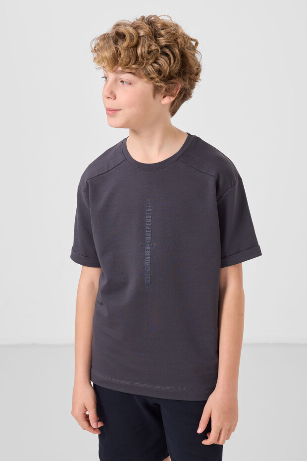 Antrasit Pamuklu Yumuşak Dokulu Oversize Baskılı Erkek Çocuk T-Shirt - 11301 - 3