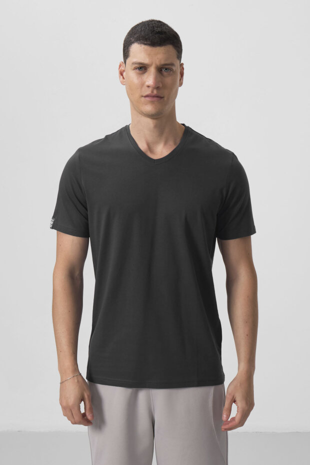 Antrasit Basic Kısa Kol Standart Kalıp V Yaka Erkek T-Shirt - 87912 - 1