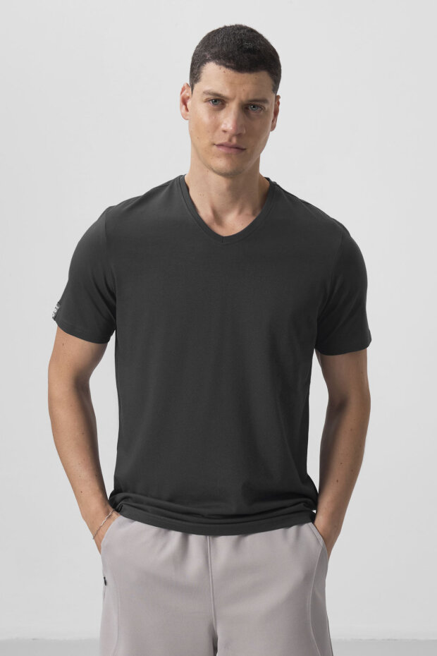 Antrasit Basic Kısa Kol Standart Kalıp V Yaka Erkek T-Shirt - 87912 - 3