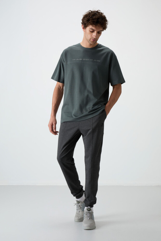 Antrasıt Melanj Pamuklu Yumuşak Dokulu Comfort Fit Nakışlı Erkek Jogger - 82123 - 2