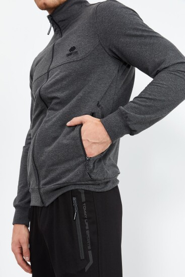 Antrasit Melanj - Siyah Dik Yaka Fermuarlı Standart Kalıp Klasik Paça Erkek Eşofman Takımı - 85152 - TOMMYLIFE (1)