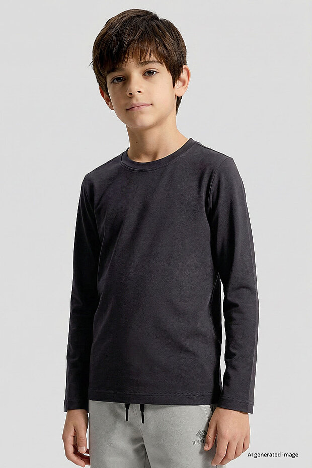 Antrasit O Yaka Standart Fit Basic Uzun Kollu Unisex Çocuk T-Shirt - 11329 - 3
