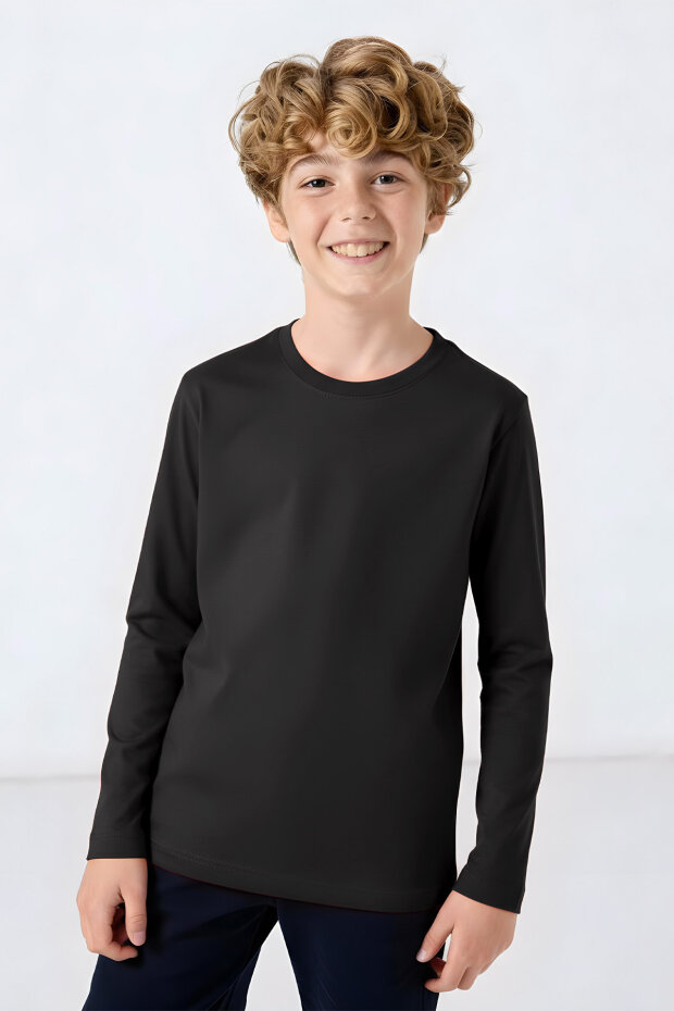 Antrasit O Yaka Standart Fit Basic Uzun Kollu Unisex Çocuk T-Shirt - 11329 - 3