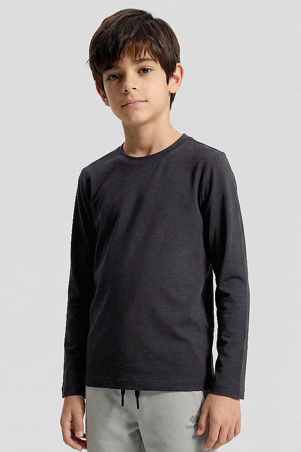 Antrasit O Yaka Standart Fit Basic Uzun Kollu Unisex Çocuk T-Shirt - 11329 - 2