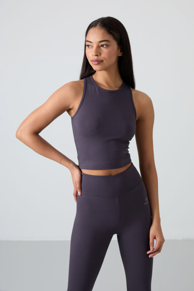 Antrasit Yüksek Bel Kapri-Crop Atlet Slim Fit Kadın Tayt Takım - 95284 - 3