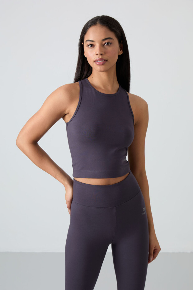 Antrasit Yüksek Bel Kapri-Crop Atlet Slim Fit Kadın Tayt Takım - 95284 - 7