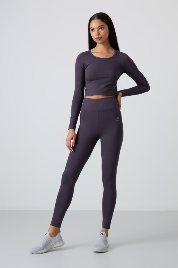 Antrasit Yüksek Bel Uzun Kollu Slim Fit Crop Top Kadın Tayt Takım - 95286 - 7