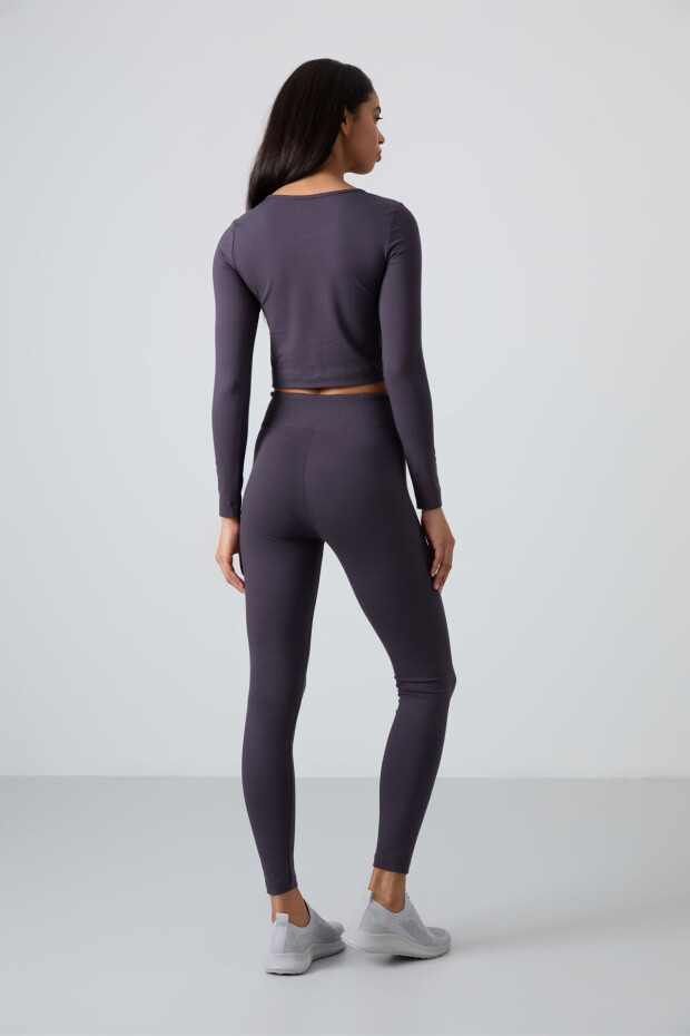 Antrasit Yüksek Bel Uzun Kollu Slim Fit Crop Top Kadın Tayt Takım - 95286 - 9