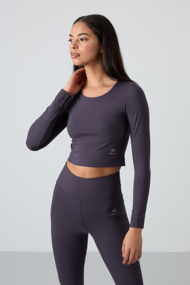 Antrasit Yüksek Bel Uzun Kollu Slim Fit Crop Top Kadın Tayt Takım - 95286 - 3
