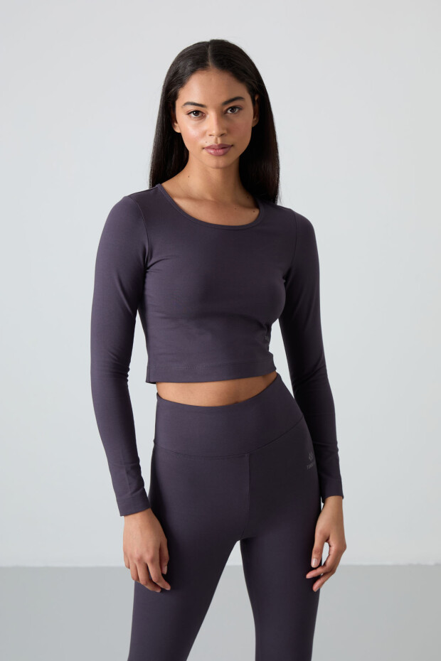 Antrasit Yüksek Bel Uzun Kollu Slim Fit Crop Top Kadın Tayt Takım - 95286 - 5
