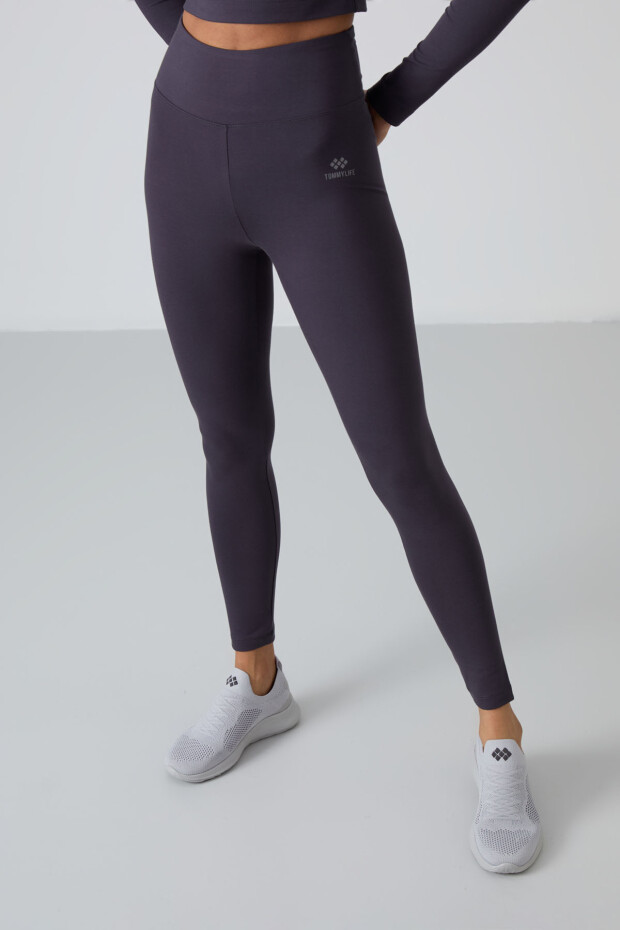 Antrasit Yüksek Bel Uzun Kollu Slim Fit Crop Top Kadın Tayt Takım - 95286 - 4