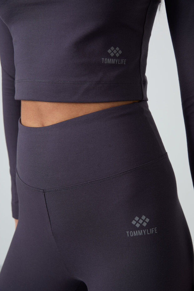 Antrasit Yüksek Bel Uzun Kollu Slim Fit Crop Top Kadın Tayt Takım - 95286 - 8