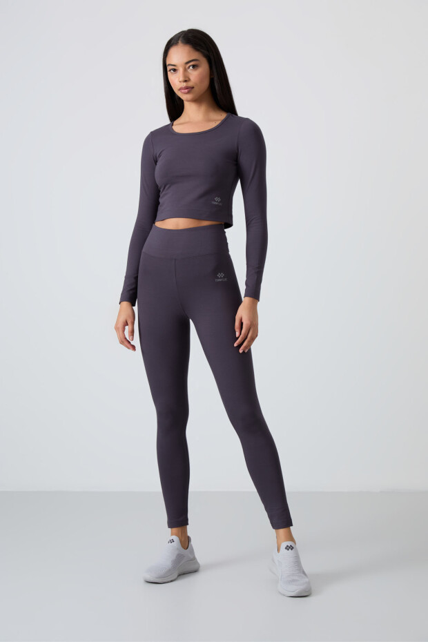 Antrasit Yüksek Bel Uzun Kollu Slim Fit Crop Top Kadın Tayt Takım - 95286 - 2