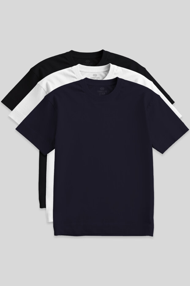 Basic O Yaka Büyük Beden 3'lü Paket Siyah-Beyaz-Lacivert Erkek T-Shirt 88072 - 1