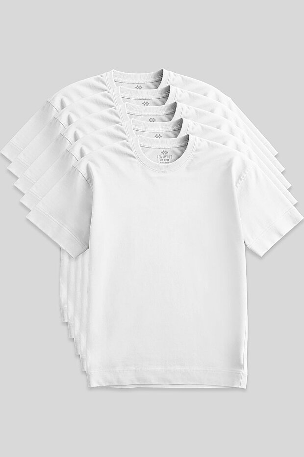 Basic O Yaka Büyük Beden 5'li Paket Beyaz Erkek T-Shirt 88072 - 1