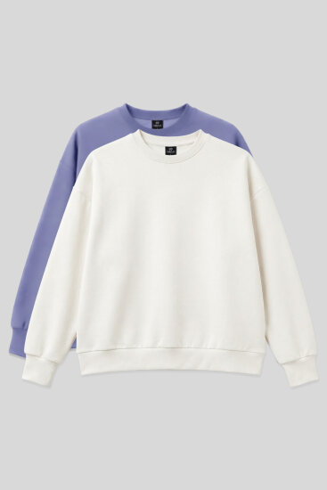 Basic Oversıze O Yaka 2'li Paket Ekru-Açık Eflatun Kadın Sweatshirt - 97053 