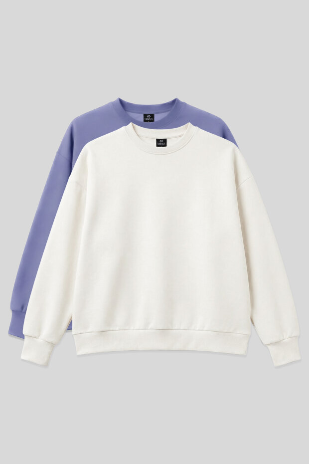 Basic Oversıze O Yaka 2'li Paket Ekru-Açık Eflatun Kadın Sweatshirt - 97053 - 1