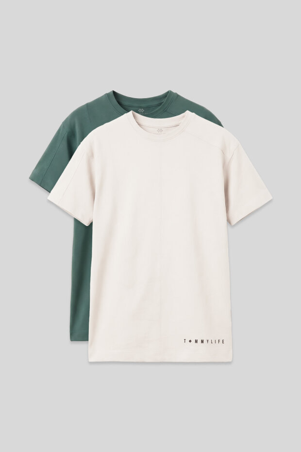 Basic Oversize O Yaka 2'li Paket Ekru-Açık Yeşil Erkek Çocuk T-Shirt - 11297 - 1