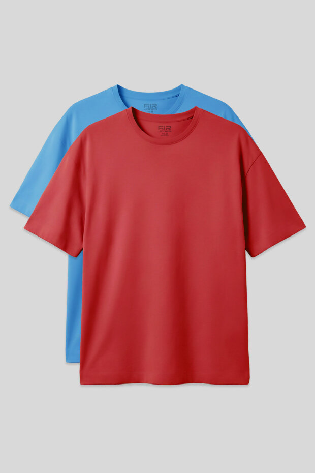 Basic Oversize O Yaka 2'li Paket Fiesta-Petrol Mavi Erkek T-Shirt - 88377 - 1