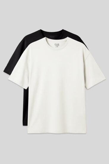 Basic Oversize O Yaka 2'li Paket Siyah-Ekru Erkek T-Shirt - 88377 