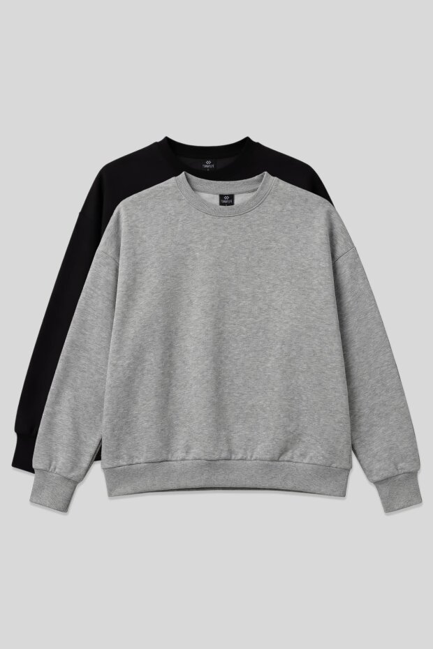 Basic Oversıze O Yaka 2'li Paket Siyah-Gri Melanj Kadın Sweatshirt - 97053 - 1