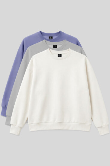 Basic Oversıze O Yaka 3'lü Paket Ekru-Taş- Açık Eflatun Kadın Sweatshirt - 97053 