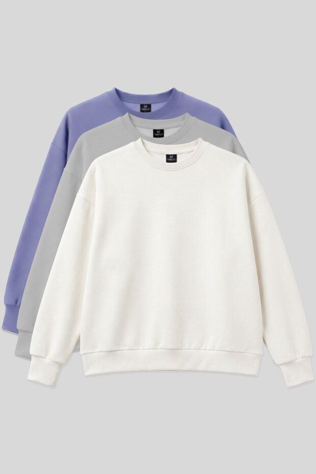 Basic Oversıze O Yaka 3'lü Paket Ekru-Taş- Açık Eflatun Kadın Sweatshirt - 97053 - 1