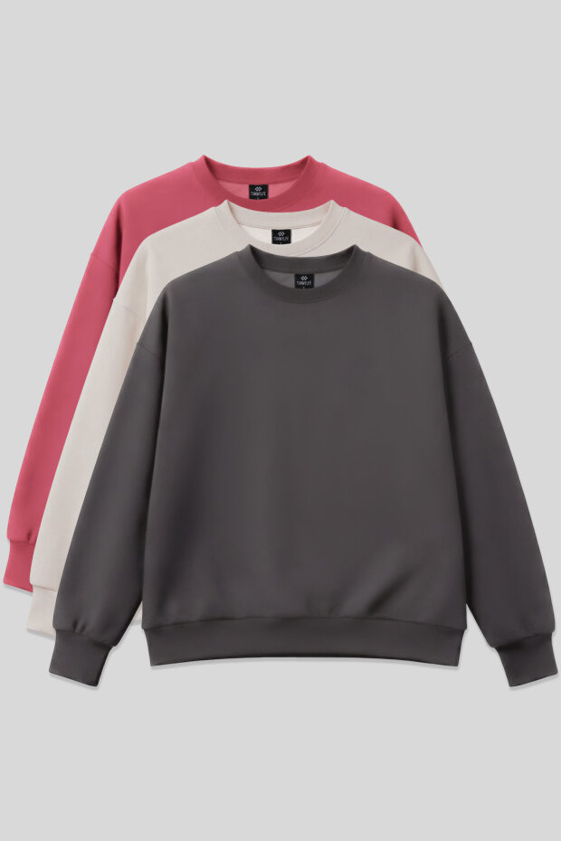 Basic Oversıze O Yaka 3'lü Paket Koyu Gri-Bej- Yaban Gülü Kadın Sweatshirt - 97053 - 1