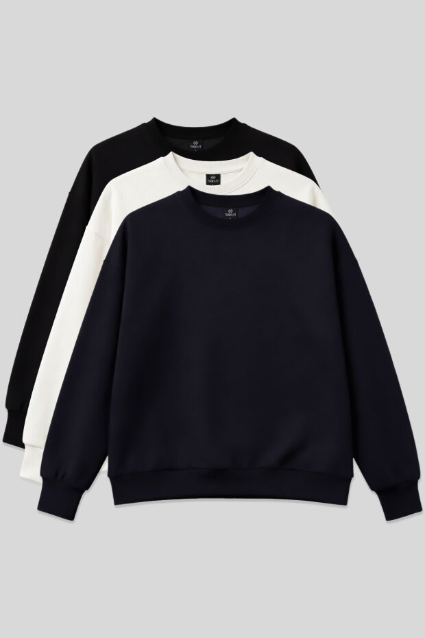 Basic Oversıze O Yaka 3'lü Paket Siyah-Lacivert- Ekru Kadın Sweatshirt - 97053 - 1