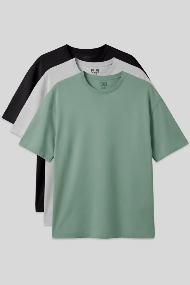 Basic Oversize O Yaka 3'lü Paket Siyah-Taş-Açık Yeşil Erkek T-Shirt - 88377 - 1