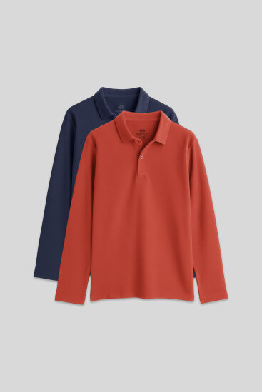 Basic Polo Yaka 2'li Paket Lacivert-Coral Unisex Çocuk T-Shirt - 11170 