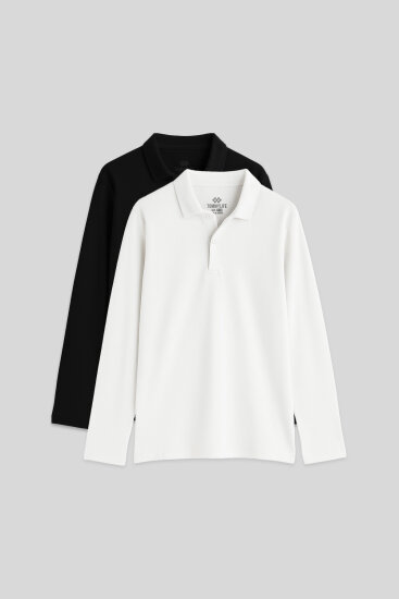 Basic Polo Yaka 2'li Paket Siyah-Beyaz Unisex Çocuk T-Shirt - 11170 