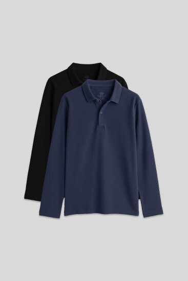 Basic Polo Yaka 2'li Paket Siyah-Lacivert Unisex Çocuk T-Shirt - 11170 
