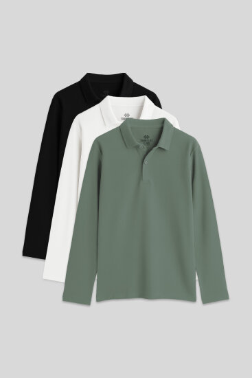 Basic Polo Yaka 3'lü Paket Siyah-Beyaz-Çağla Unisex Çocuk T-Shirt - 11170 