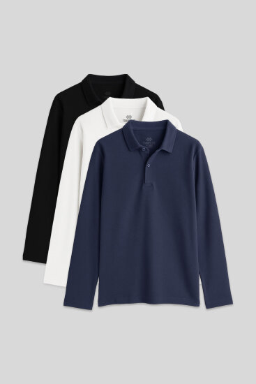 Basic Polo Yaka 3'lü Paket Siyah-Beyaz-Lacivert Unisex Çocuk T-Shirt - 11170 