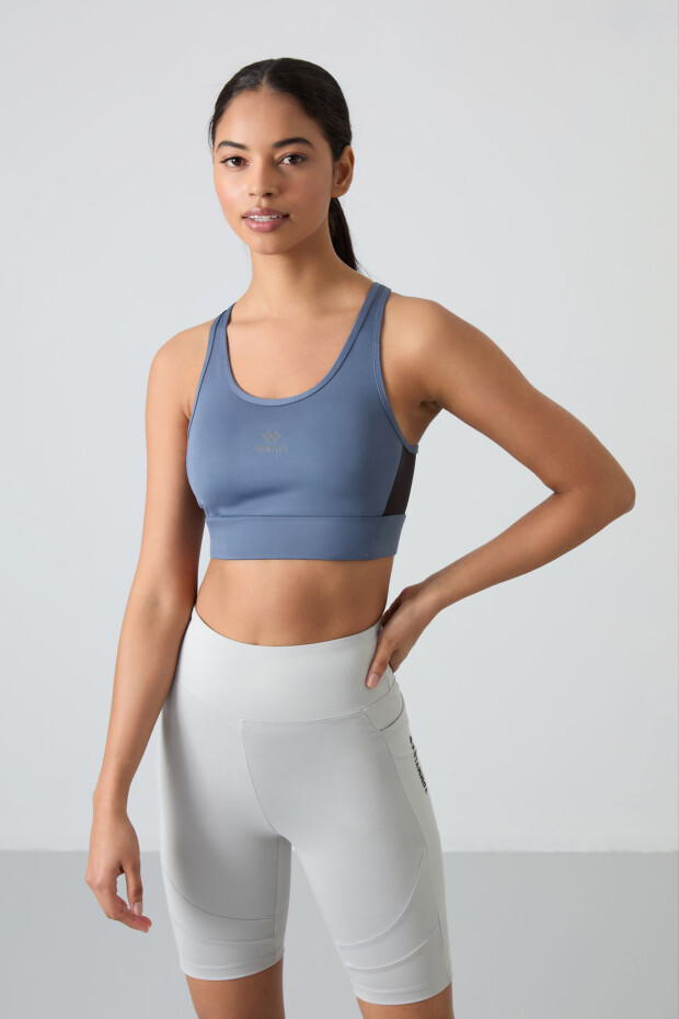 Petrol Çapraz Sırt Detaylı Slim Fit U Yaka Pedli Kadın Spor Büstiyer - 97121 - 4