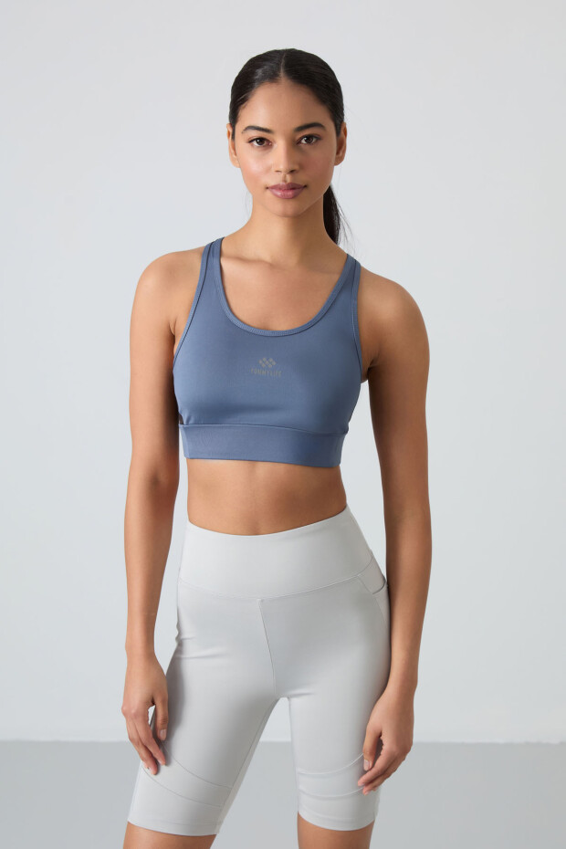 Petrol Çapraz Sırt Detaylı Slim Fit U Yaka Pedli Kadın Spor Büstiyer - 97121 - 1
