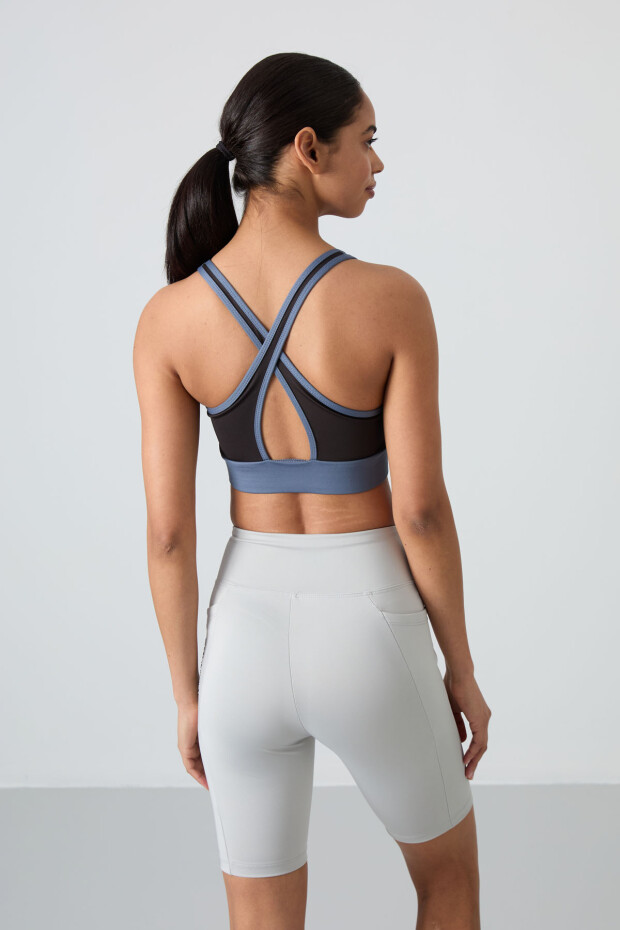 Petrol Çapraz Sırt Detaylı Slim Fit U Yaka Pedli Kadın Spor Büstiyer - 97121 - 6
