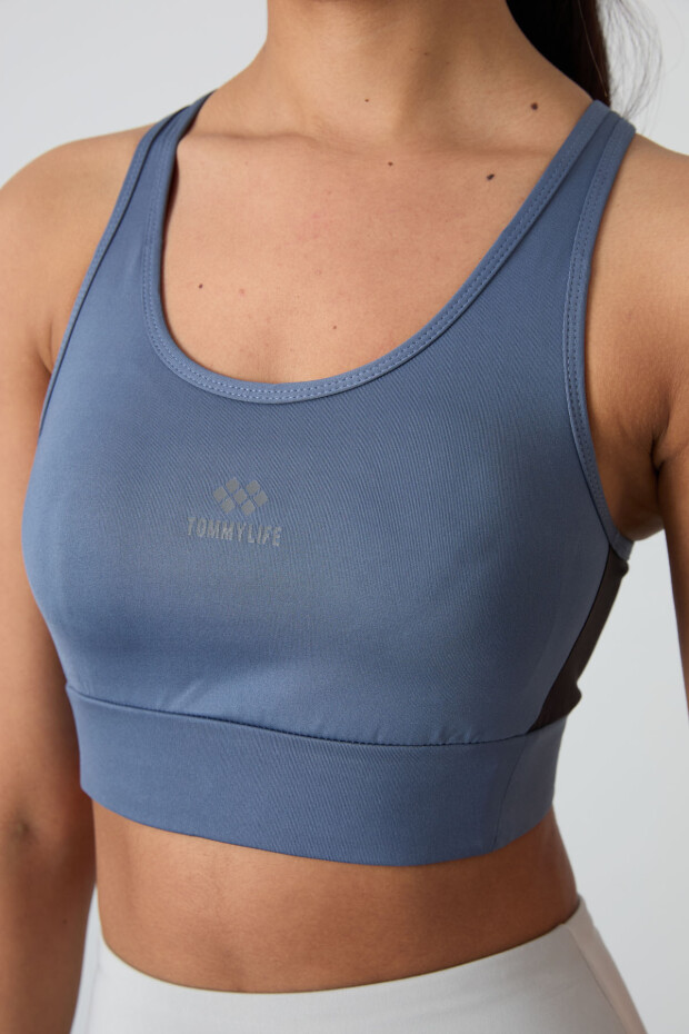 Petrol Çapraz Sırt Detaylı Slim Fit U Yaka Pedli Kadın Spor Büstiyer - 97121 - 2