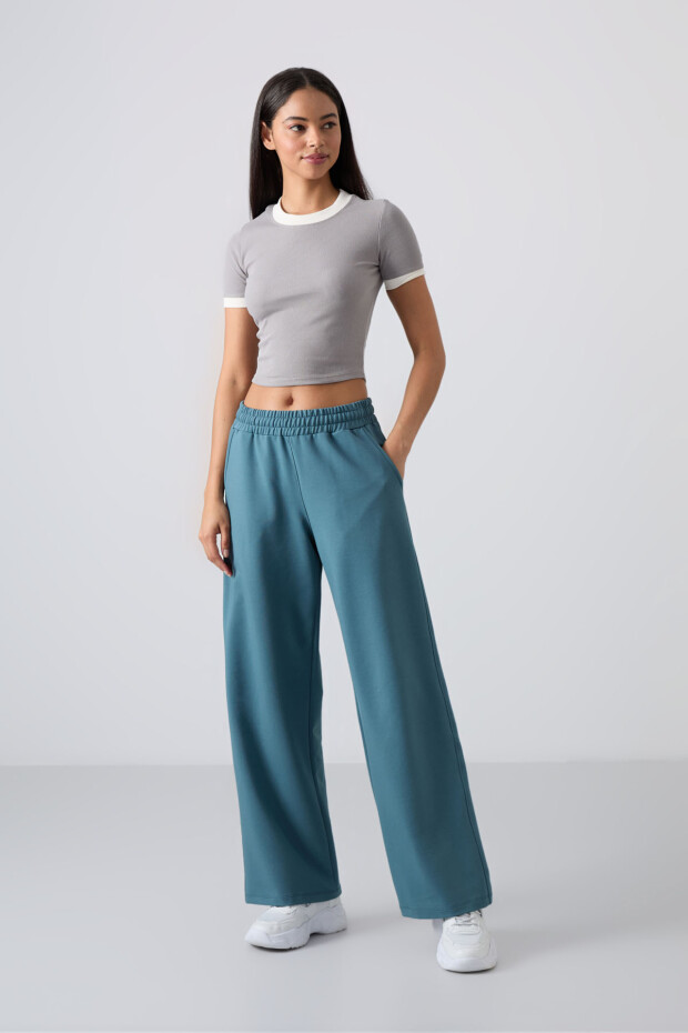 Orman Yeşili Yüksek Bel Cepli Rahat Form Geniş Paça Kadın Eşofman Alt - 94567 - 1