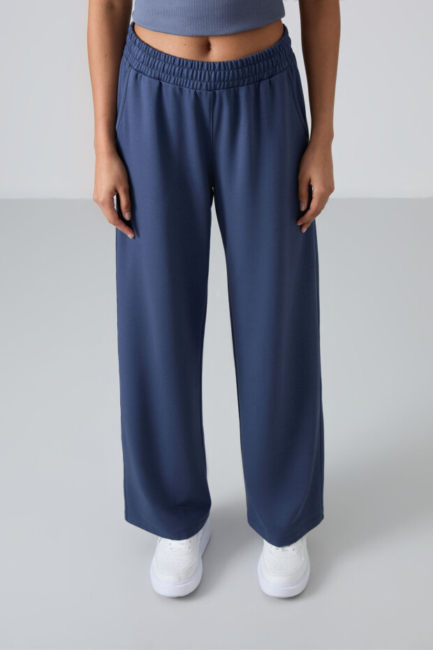 Petrol Yüksek Bel Cepli Rahat Form Geniş Paça Kadın Eşofman Alt - 94567 - 4