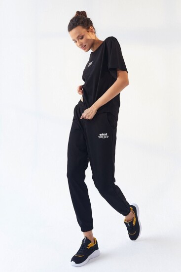 BAYAN OVERSIZE EŞOFMAN TAKIM T-SHIRT/LASTİKLİ JOGGER SİYAH-SİYAH 