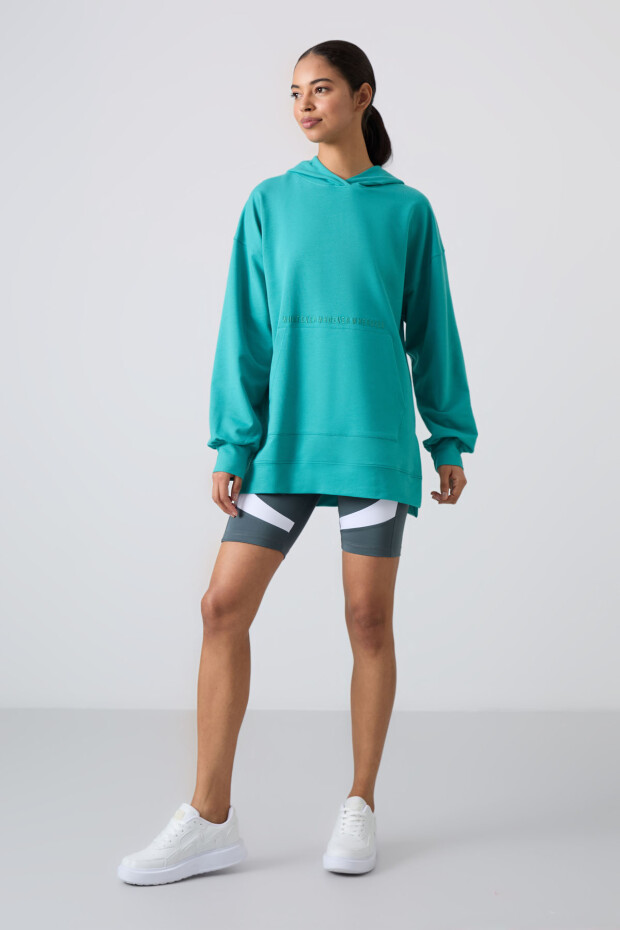 Deniz Yeşili Balon Kol Yazı Nakışlı Kadın Oversize Tunik Sweatshirt - 97163