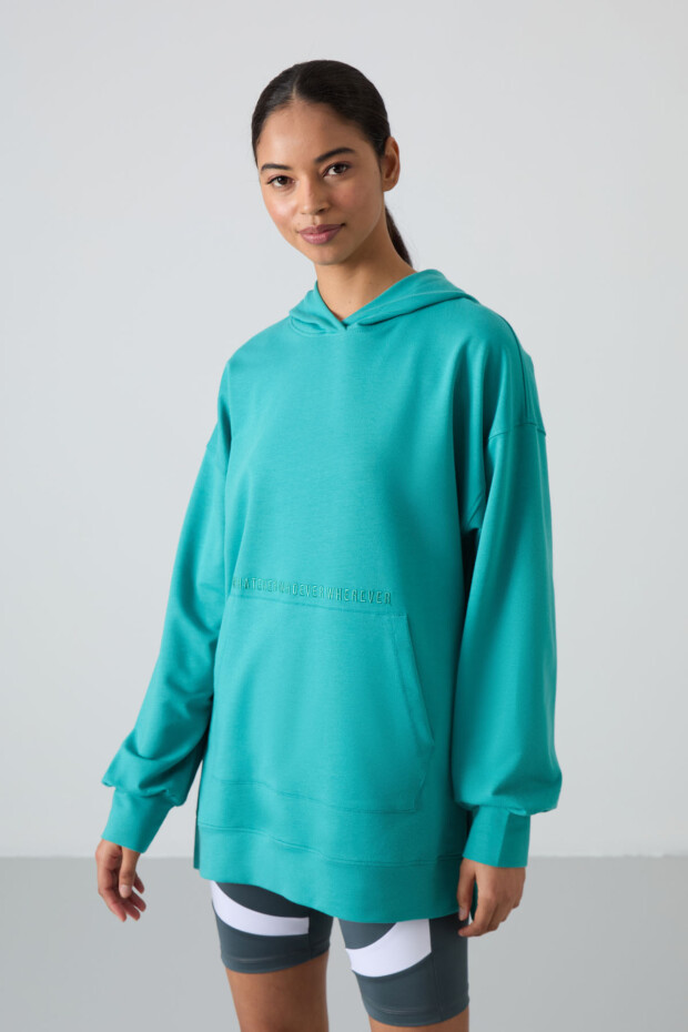 Deniz Yeşili Balon Kol Yazı Nakışlı Kadın Oversize Tunik Sweatshirt - 97163