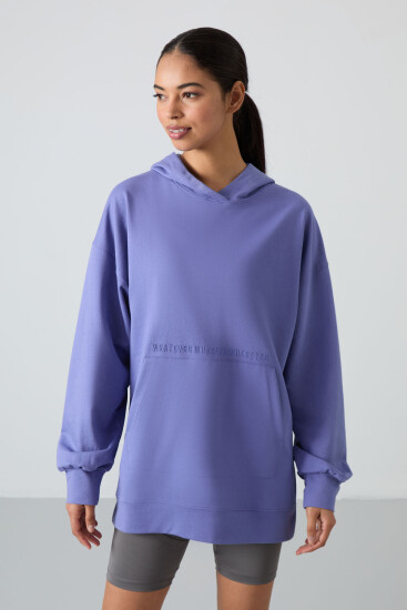 Eflatun Balon Kol Yazı Nakışlı Kadın Oversize Tunik Sweatshirt - 97163 