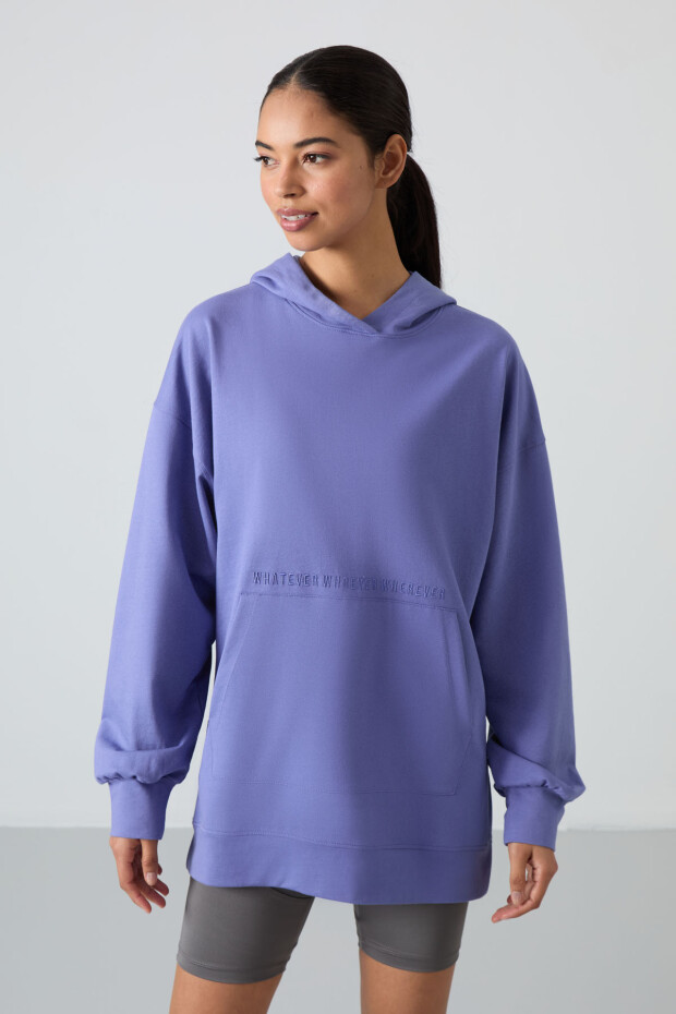 Eflatun Balon Kol Yazı Nakışlı Kadın Oversize Tunik Sweatshirt - 97163