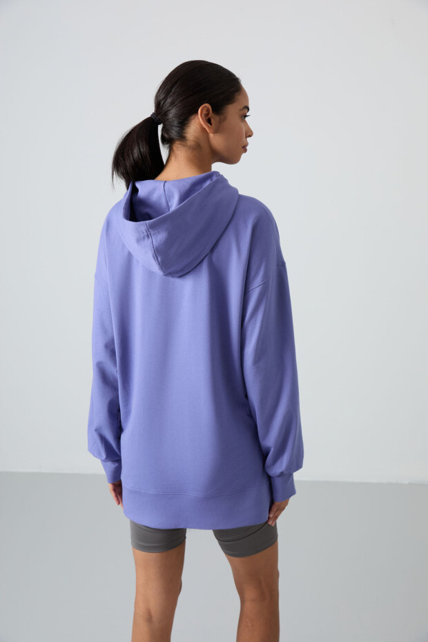 Eflatun Balon Kol Yazı Nakışlı Kadın Oversize Tunik Sweatshirt - 97163